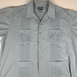 Vtg TropiCool Embroidered Guayabera Cuban Cigar Button Up Shirt Teal Blue SZ XL